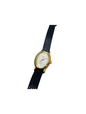 Timex Cavatina Women's Watch Gold Tone Oval Black Leather Strap